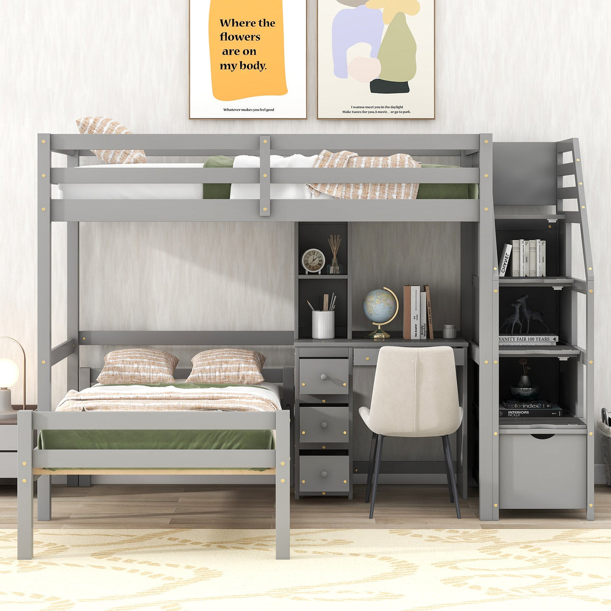 Twin Size Loft Bed with Stand-alone Bed, Storage Staircase, Desk, Shelves and Drawers