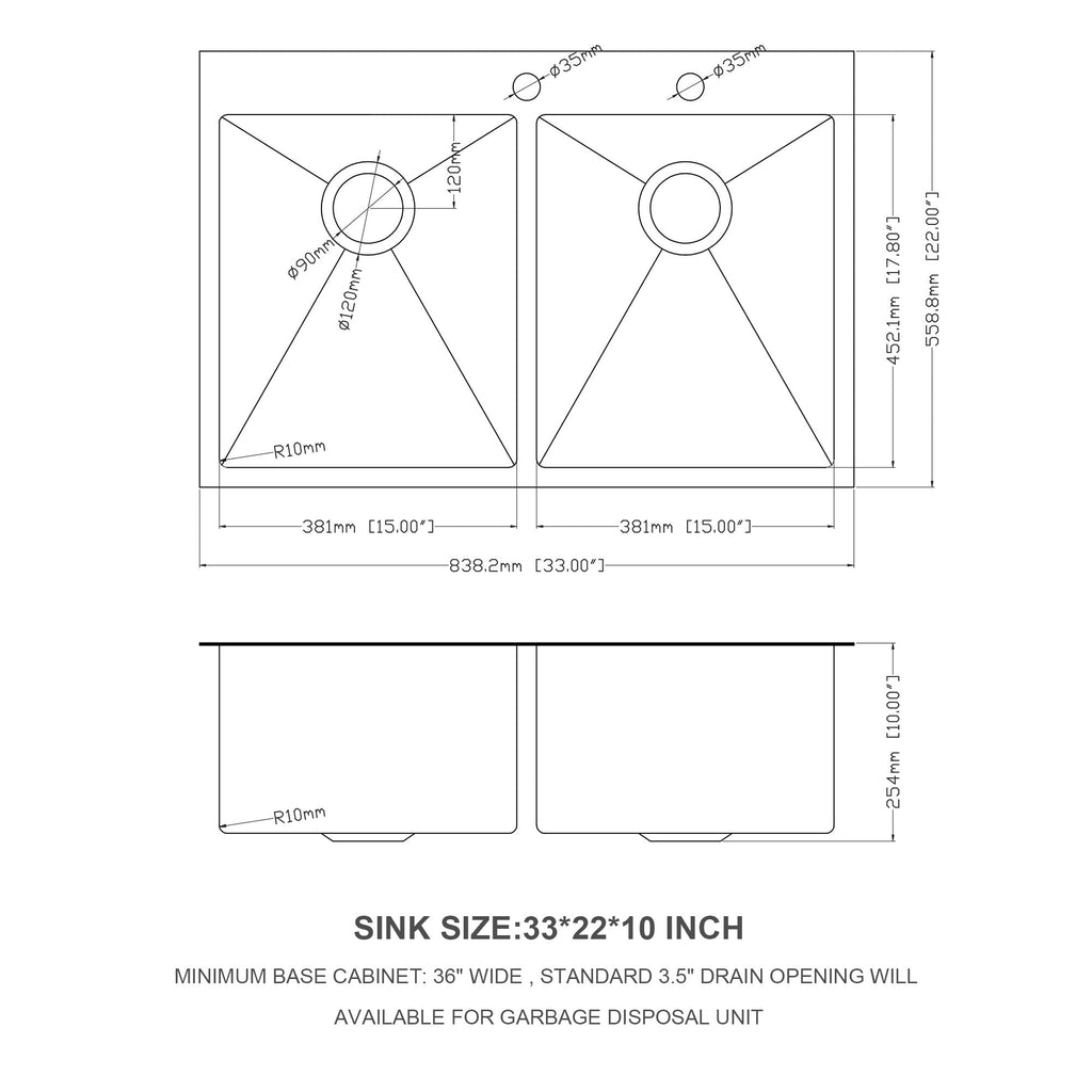 Double Bowl Drop In Sink - 33" x 22" x 10" Gunmetal