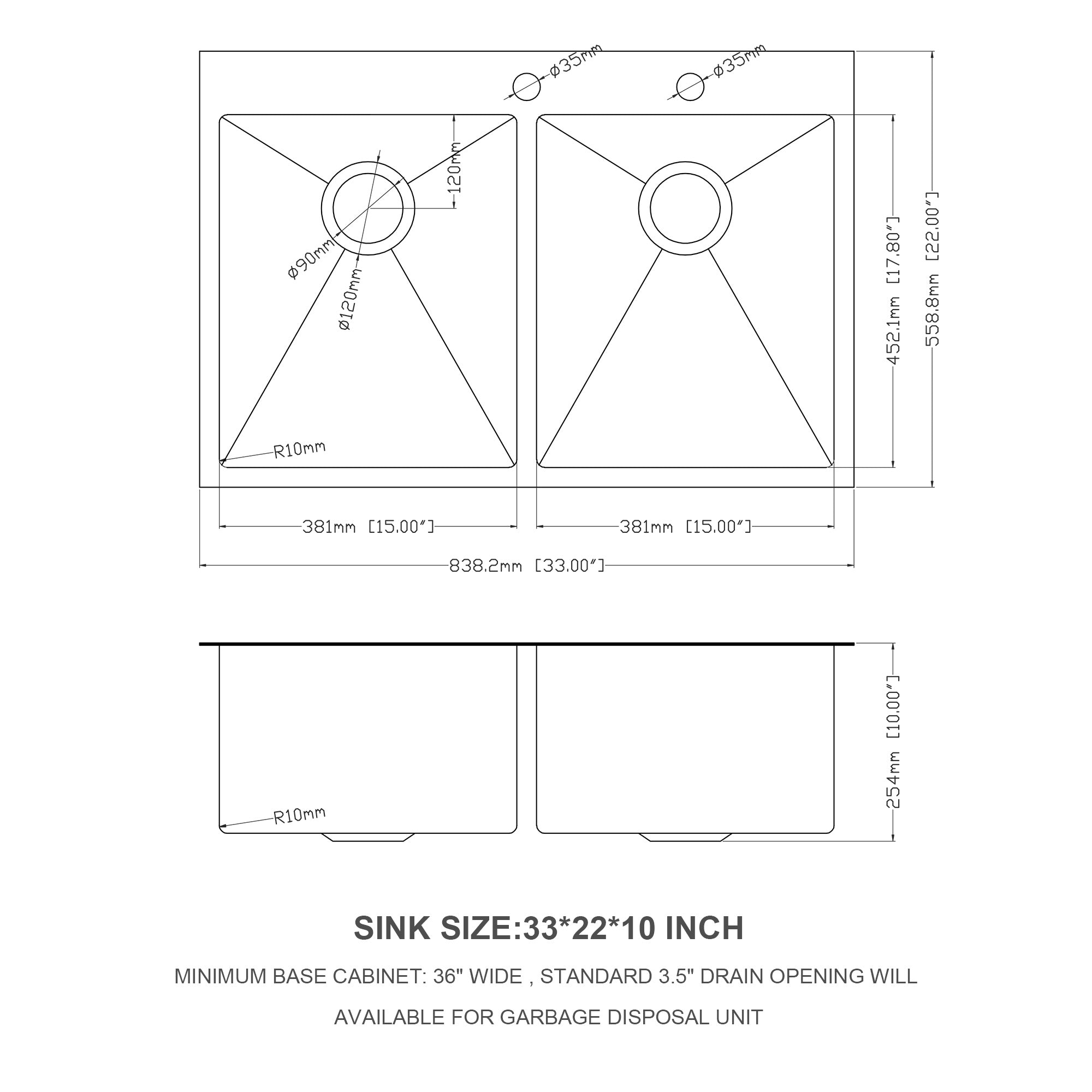 Double Bowl Drop In Sink - 33" x 22" x 10" Gunmetal