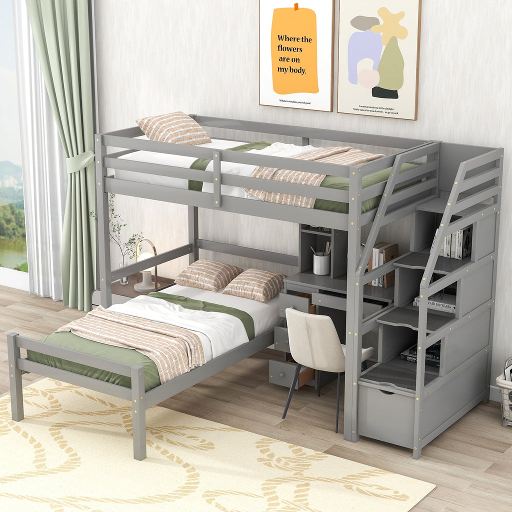 Twin Size Loft Bed with Stand-alone Bed, Storage Staircase, Desk, Shelves and Drawers