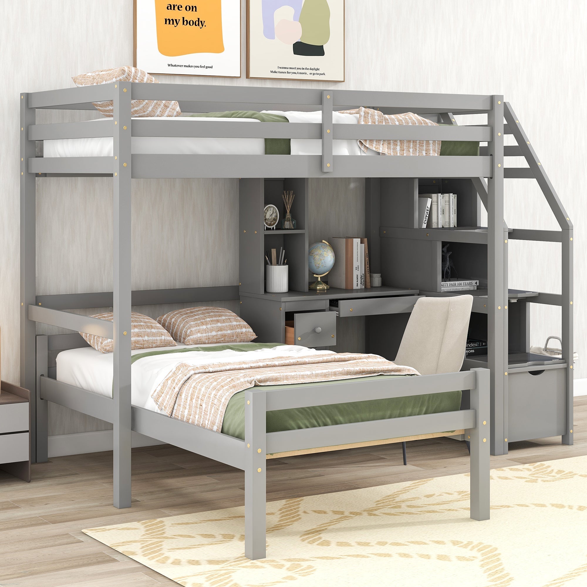 Twin Size Loft Bed with Stand-alone Bed, Storage Staircase, Desk, Shelves and Drawers