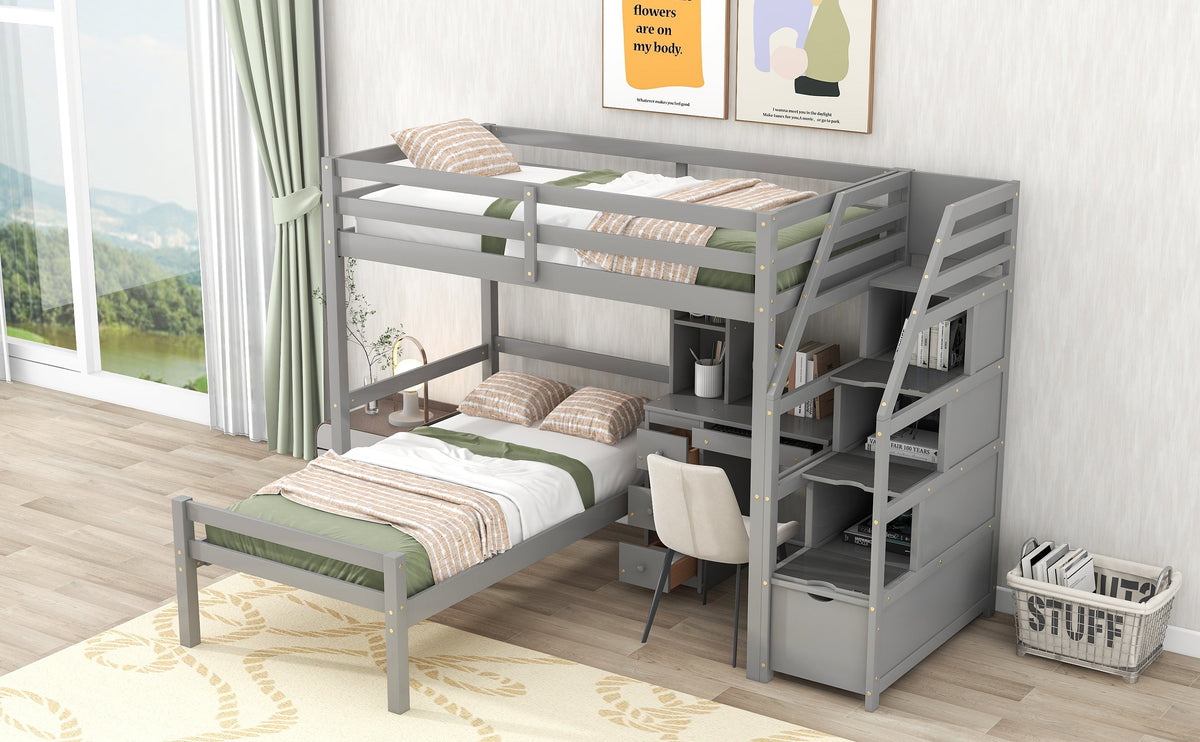 Twin Size Loft Bed with Stand-alone Bed, Storage Staircase, Desk, Shelves and Drawers