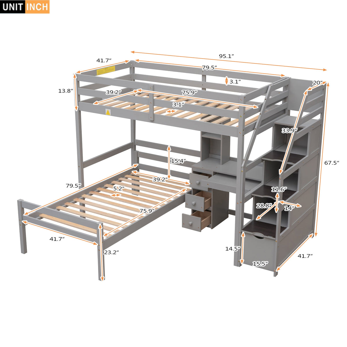 Twin Size Loft Bed with Stand-alone Bed, Storage Staircase, Desk, Shelves and Drawers