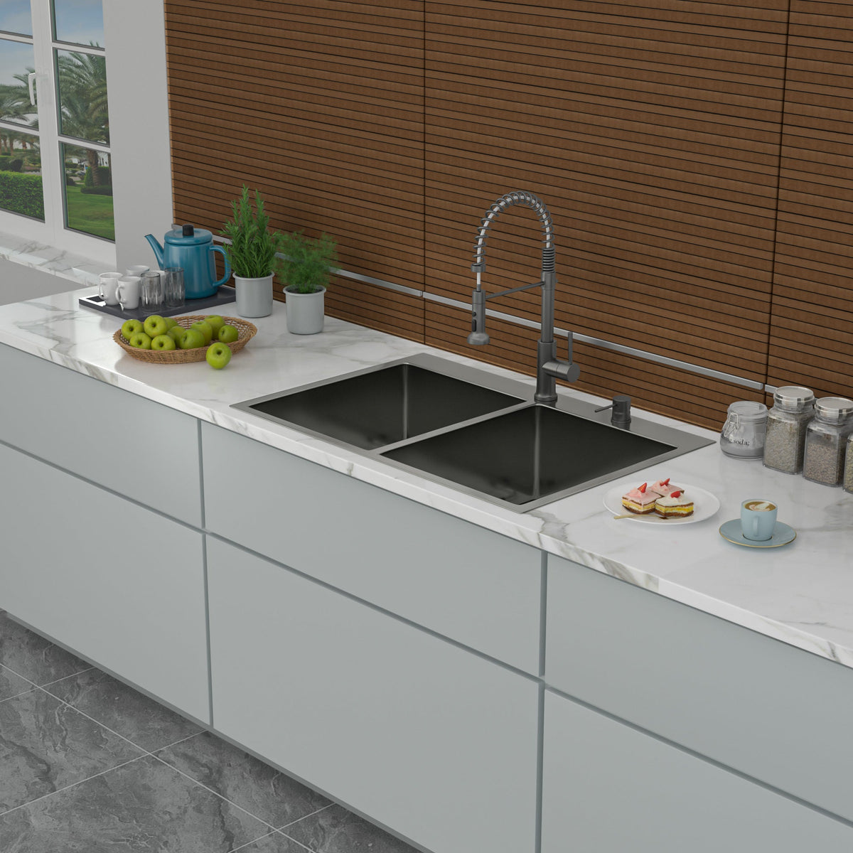 Double Bowl Drop In Sink - 33" x 22" x 10" Gunmetal