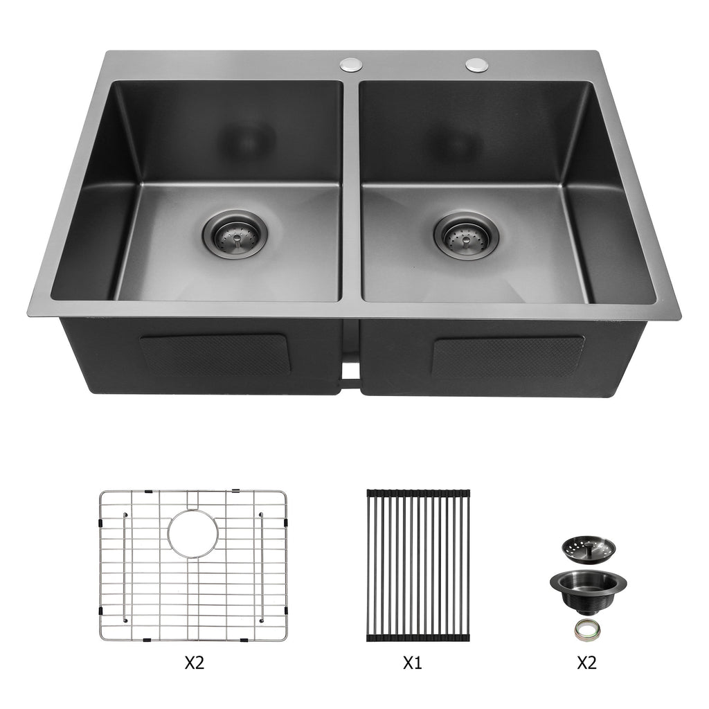 Double Bowl Drop In Sink - 33" x 22" x 10" Gunmetal