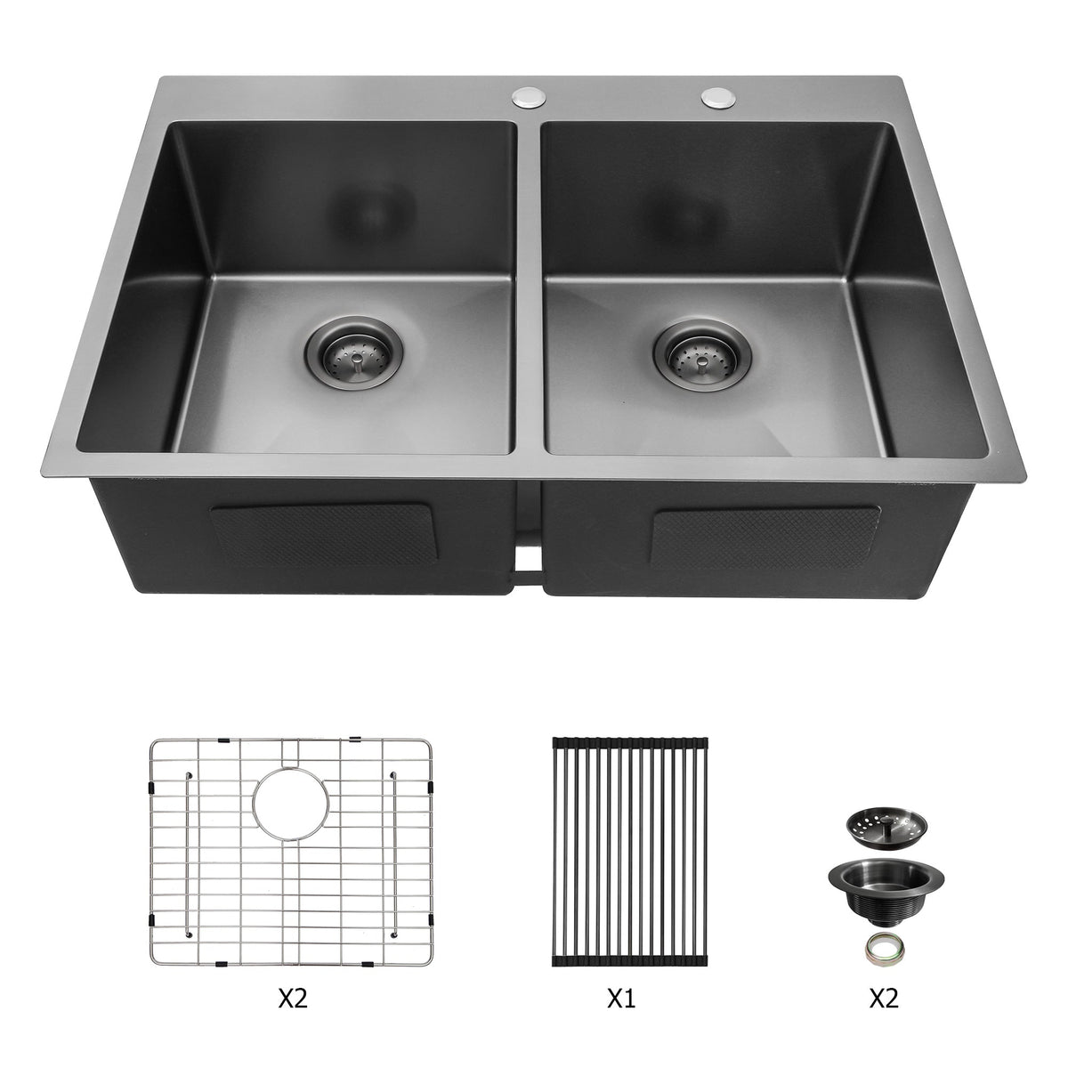 Double Bowl Drop In Sink - 33" x 22" x 10" Gunmetal