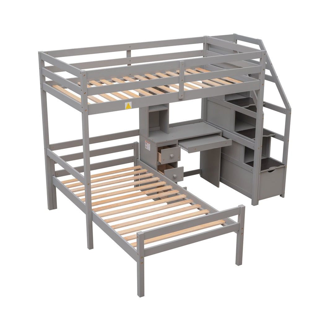Twin Size Loft Bed with Stand-alone Bed, Storage Staircase, Desk, Shelves and Drawers