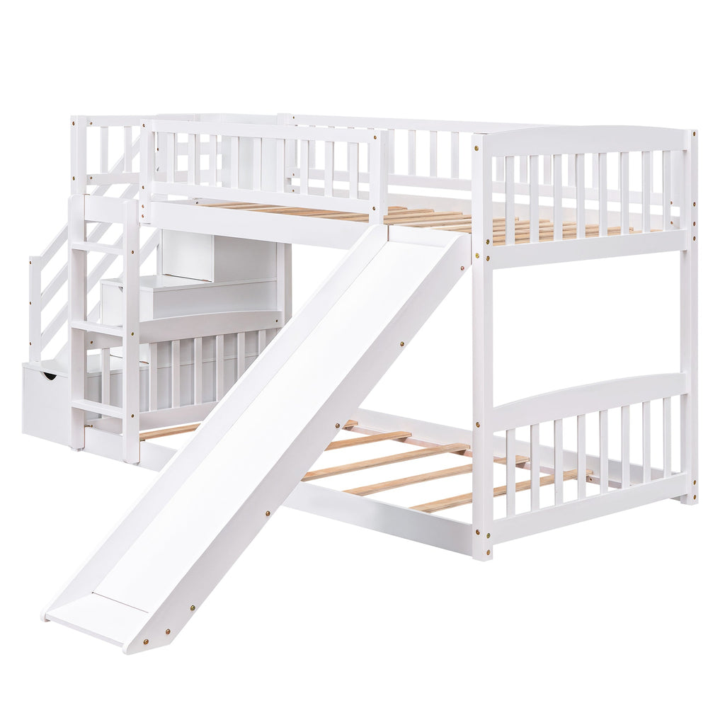Stairway Twin Over Twin Bunk Bed with Two Drawers and Slide - White