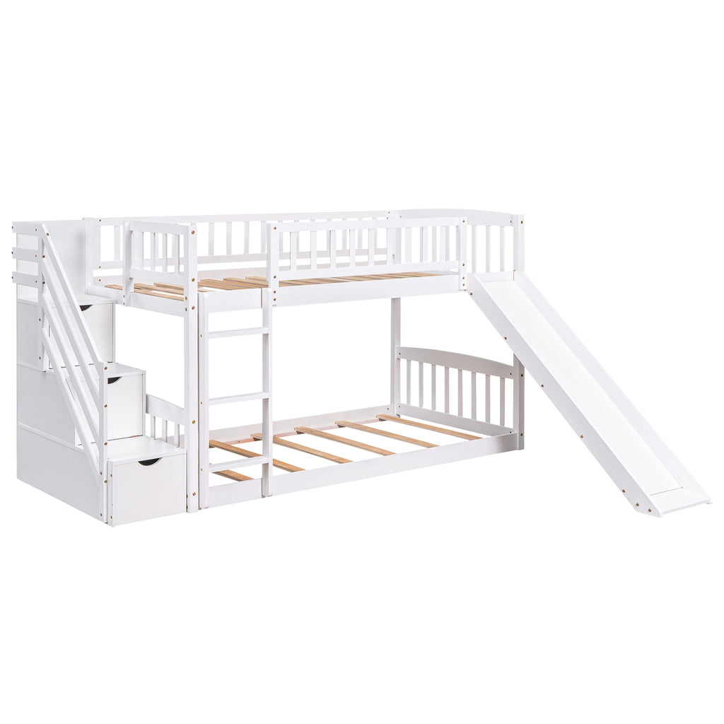 Stairway Twin Over Twin Bunk Bed with Two Drawers and Slide - White