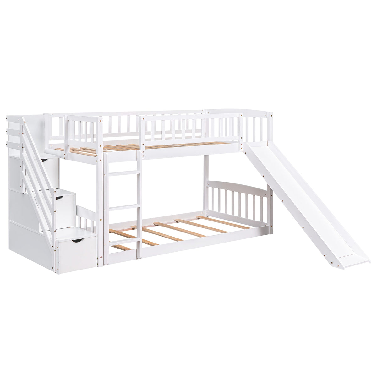 Stairway Twin Over Twin Bunk Bed with Two Drawers and Slide - White