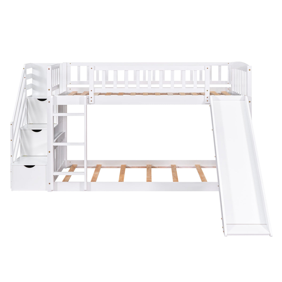 Stairway Twin Over Twin Bunk Bed with Two Drawers and Slide - White