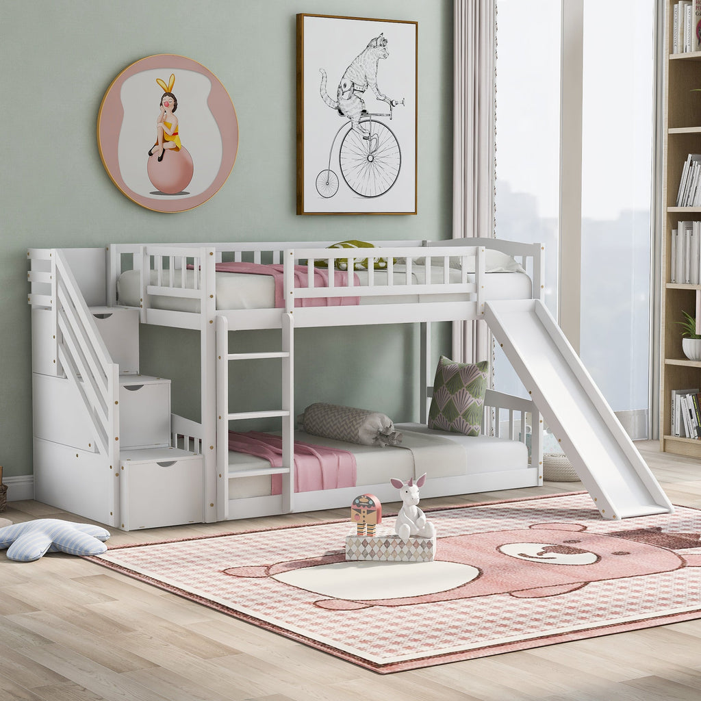 Stairway Twin Over Twin Bunk Bed with Two Drawers and Slide - White