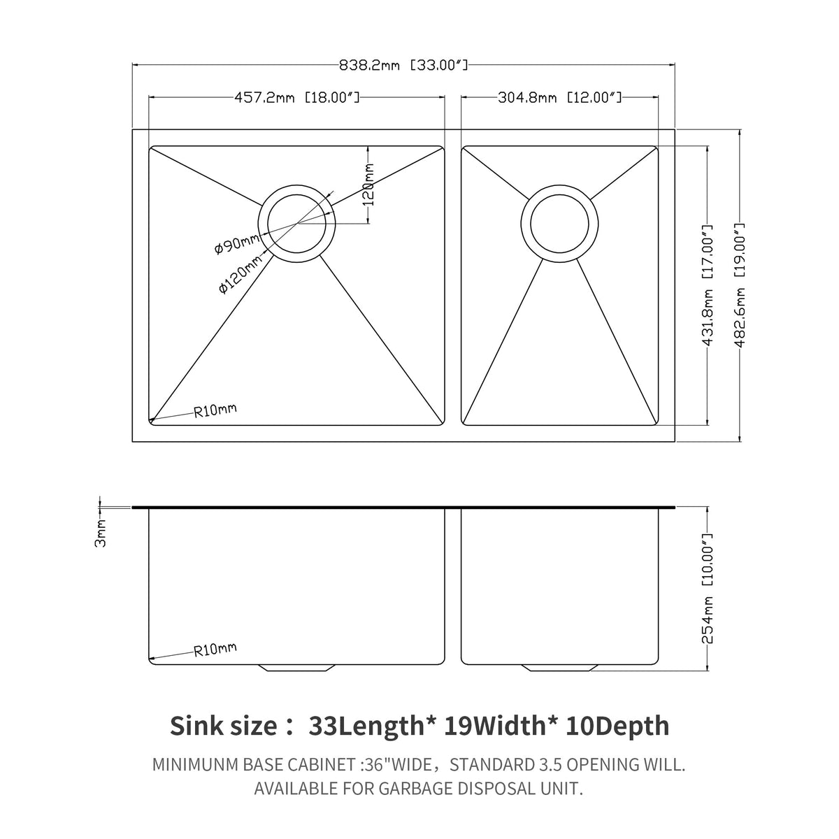 Double Bowl (60/40) Undermount Sink - 33"x19"x10" Gunmetal