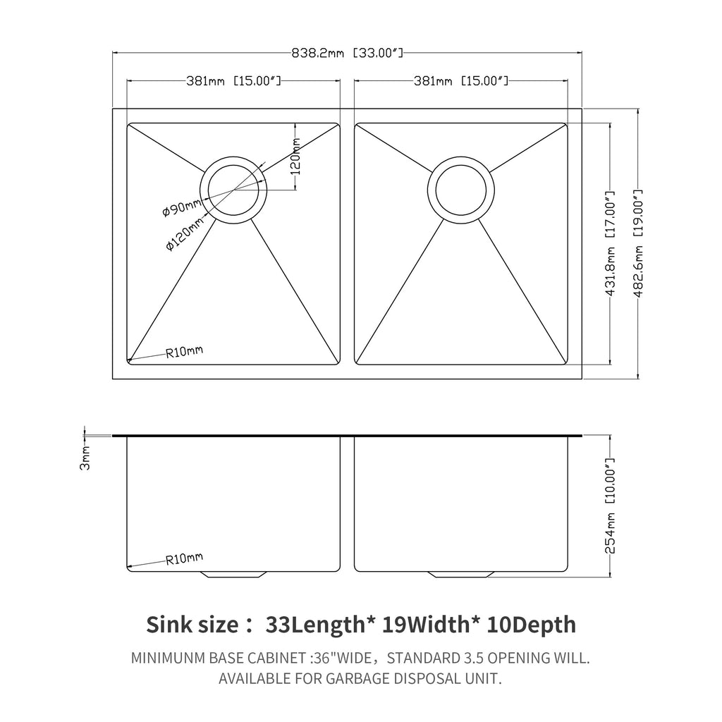 Double Bowl Undermount Sink - 33"x19"x10" Gunmetal