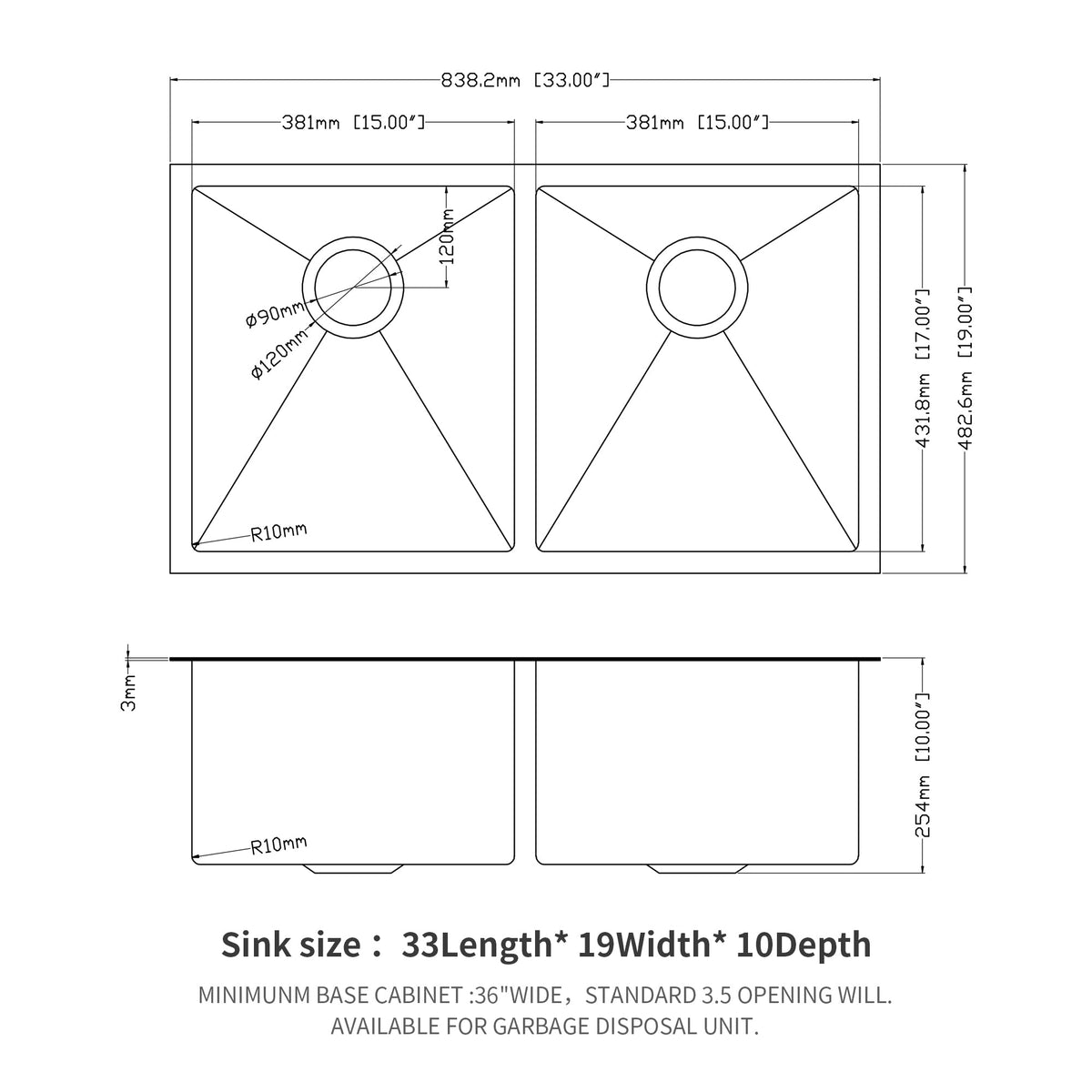 Double Bowl Undermount Sink - 33"x19"x10" Gunmetal