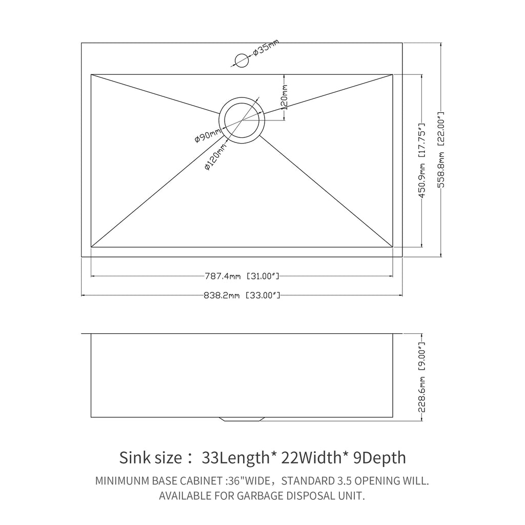 33" Drop In Kitchen Sink - 16 Gauge Stainless Steel