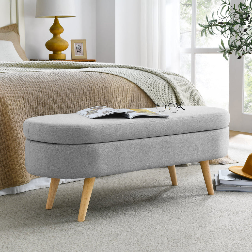 Ottoman Oval Storage Bench, Rubber Wood Legs, Grey