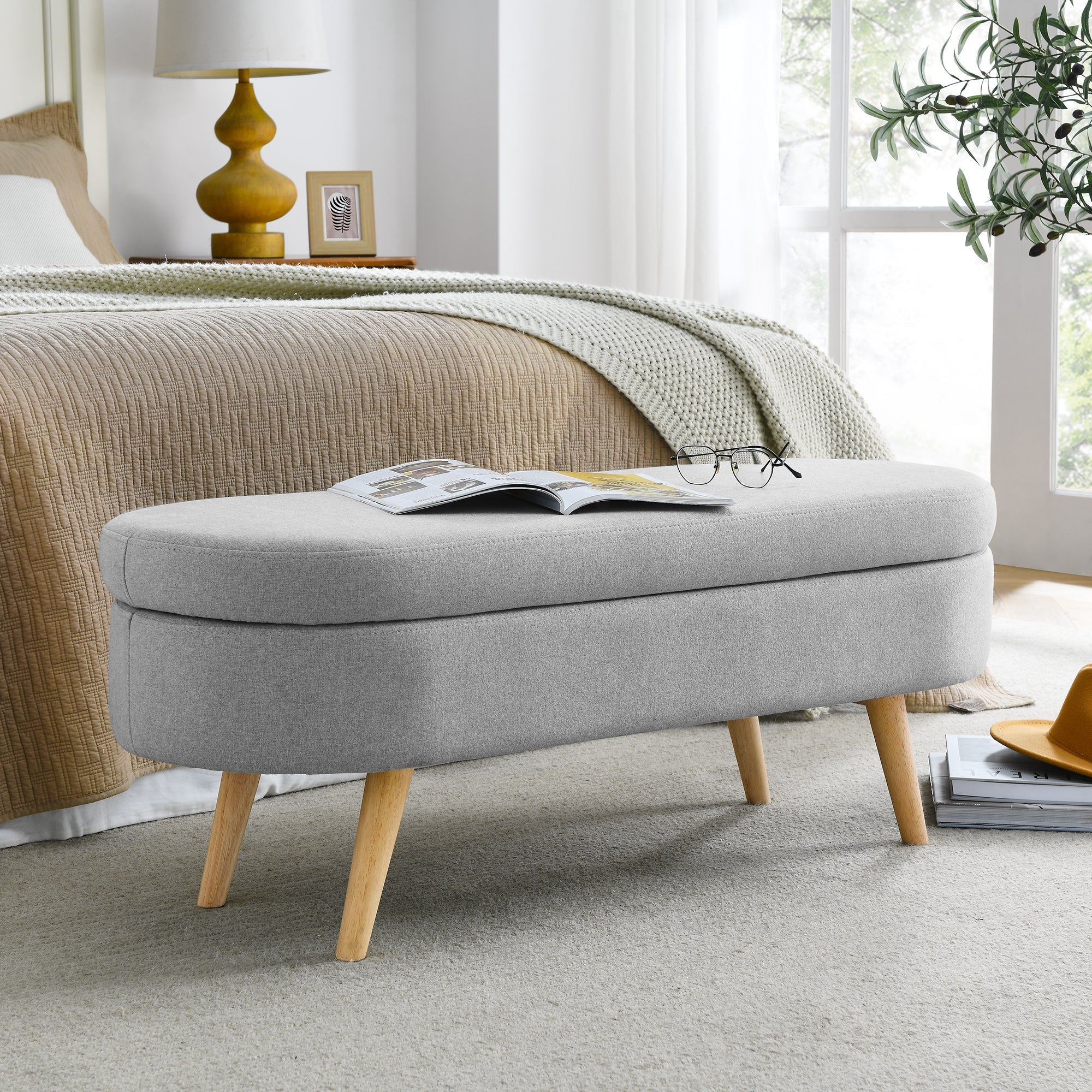Ottoman Oval Storage Bench, Rubber Wood Legs, Grey
