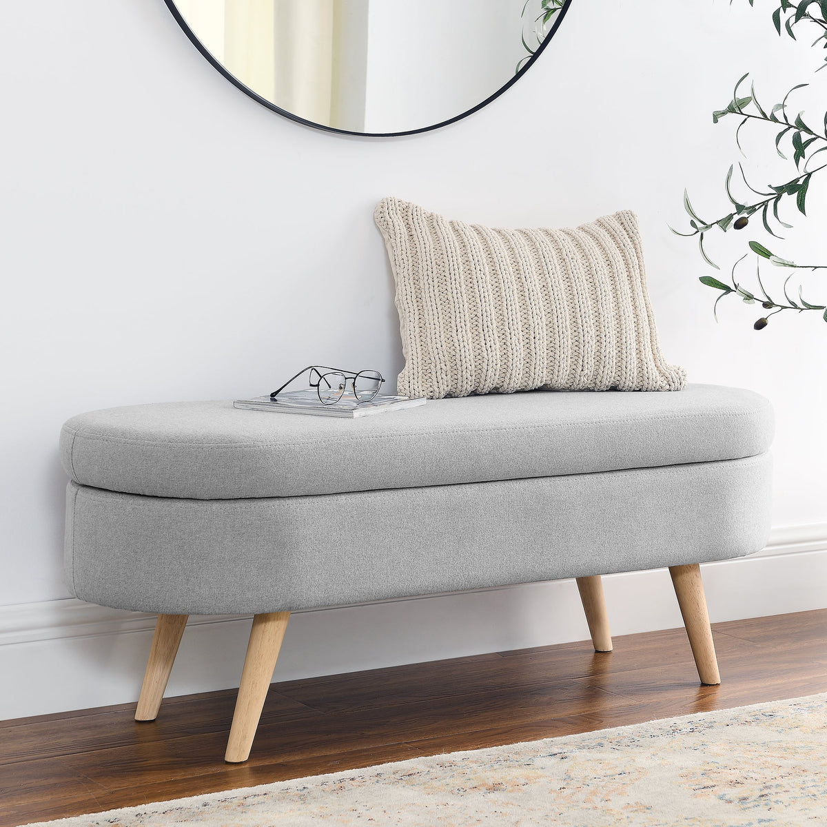Ottoman Oval Storage Bench, Rubber Wood Legs, Grey