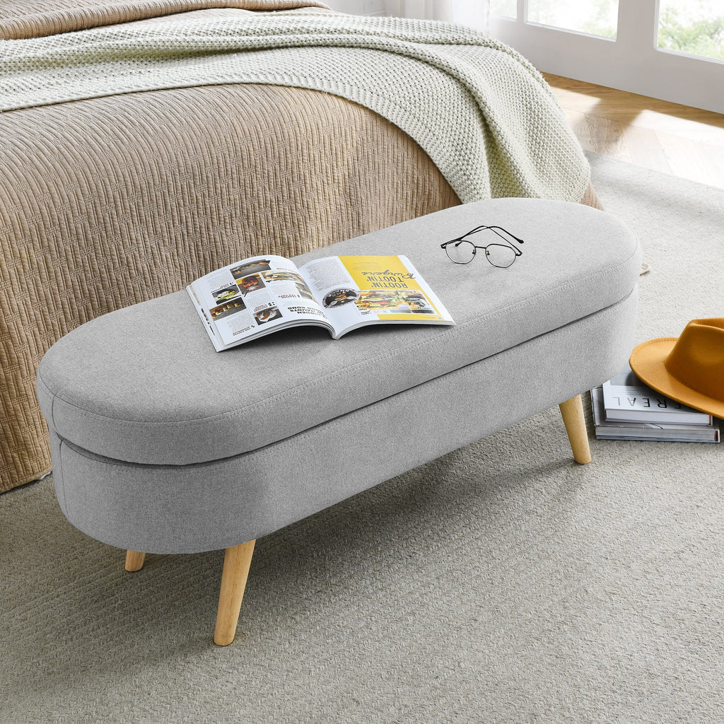 Ottoman Oval Storage Bench, Rubber Wood Legs, Grey