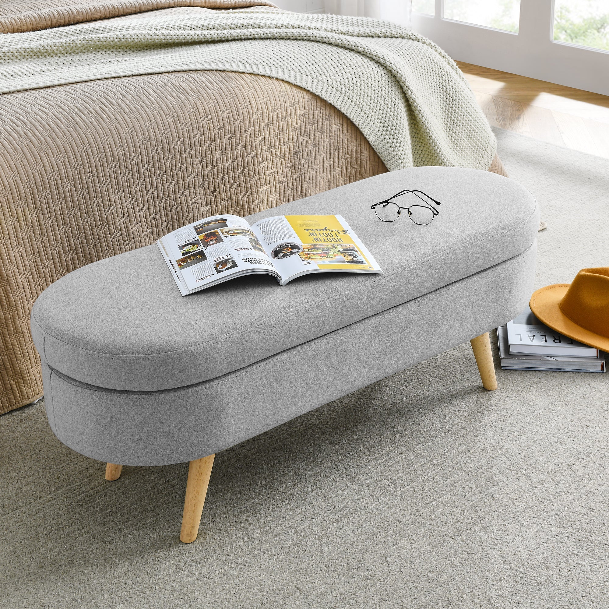 Ottoman Oval Storage Bench, Rubber Wood Legs, Grey
