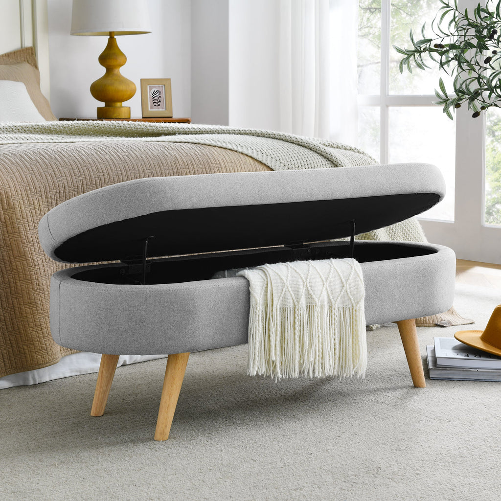 Ottoman Oval Storage Bench, Rubber Wood Legs, Grey