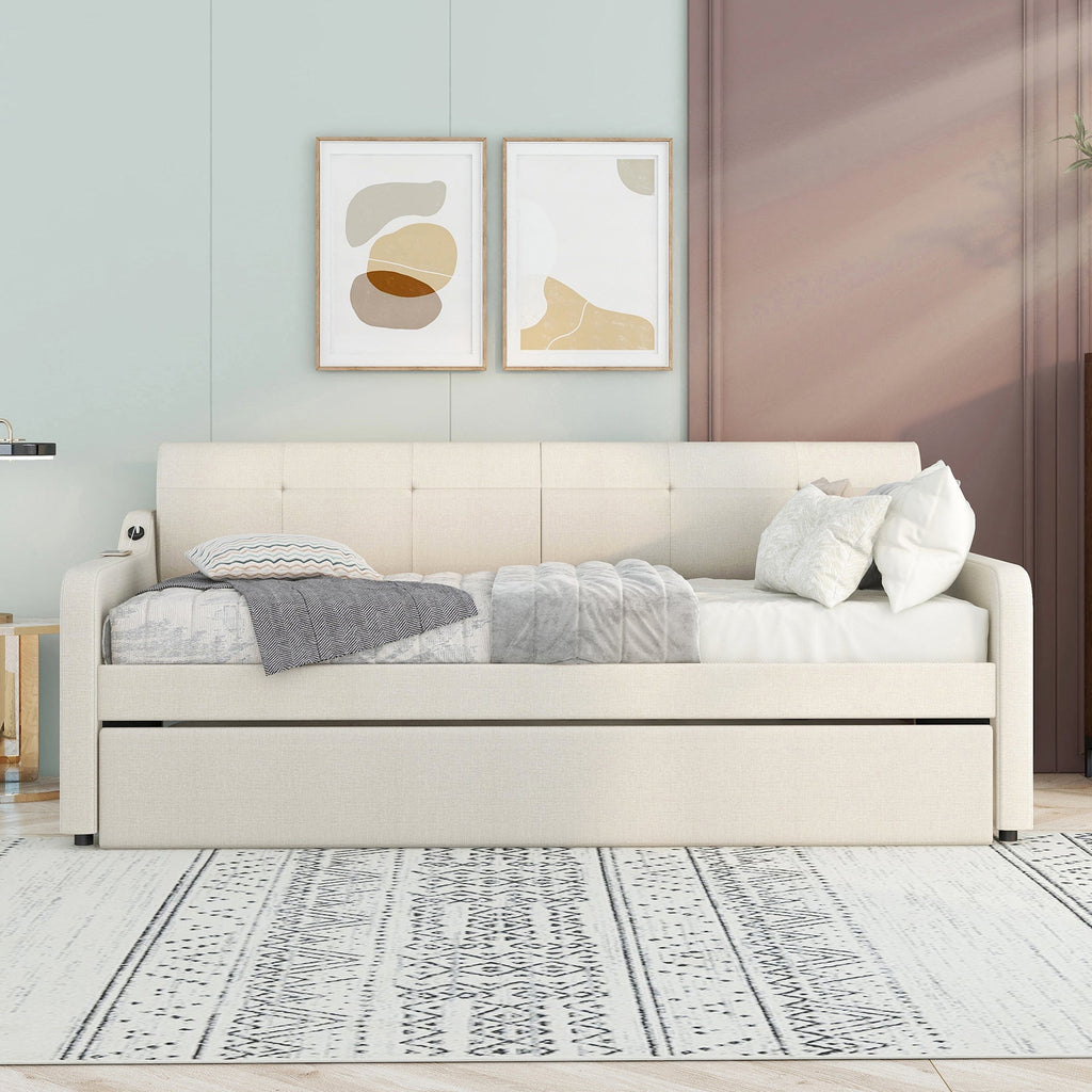Twin Size Upholstery Daybed with Trundle and USB Charging Design