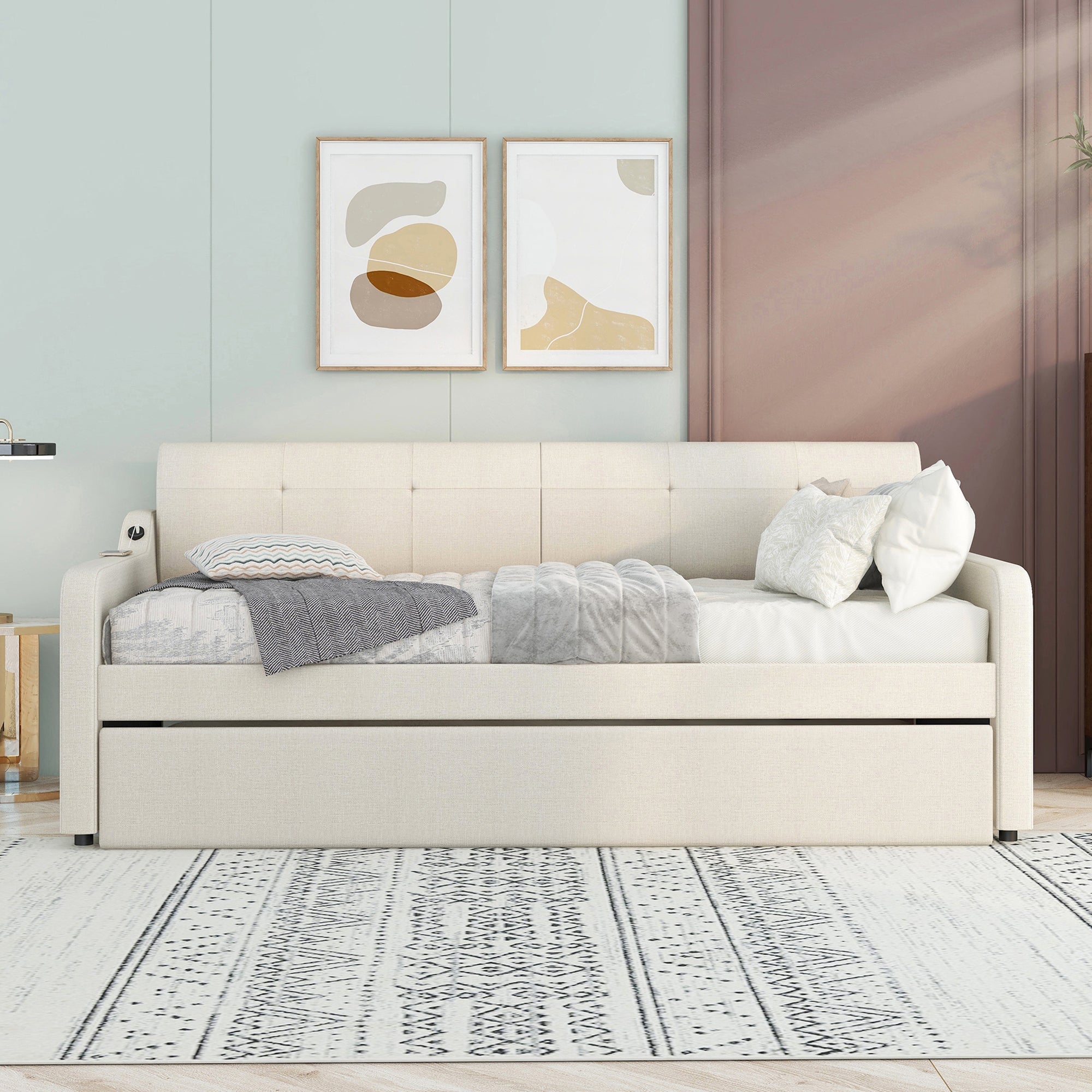 Twin Size Upholstery Daybed with Trundle and USB Charging Design