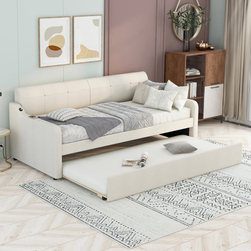 Twin Size Upholstery Daybed with Trundle and USB Charging Design