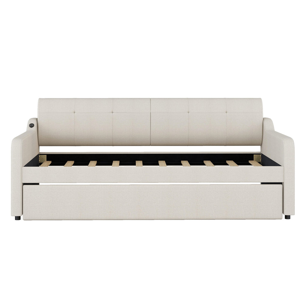 Twin Size Upholstery Daybed with Trundle and USB Charging Design