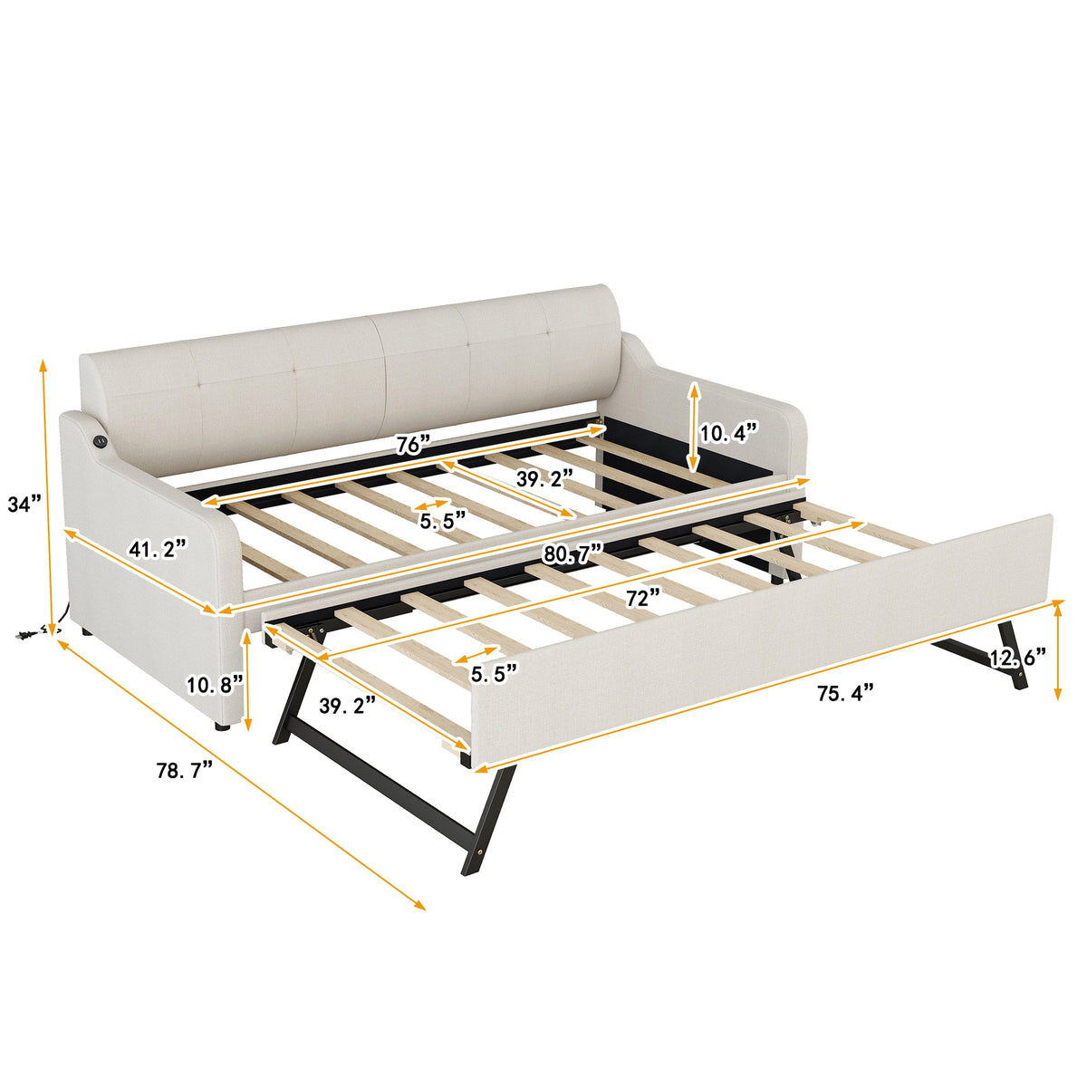 Twin Size Upholstery Daybed with Trundle and USB Charging Design