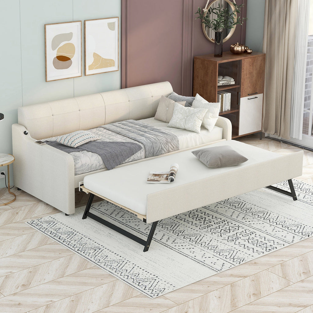 Twin Size Upholstery Daybed with Trundle and USB Charging Design