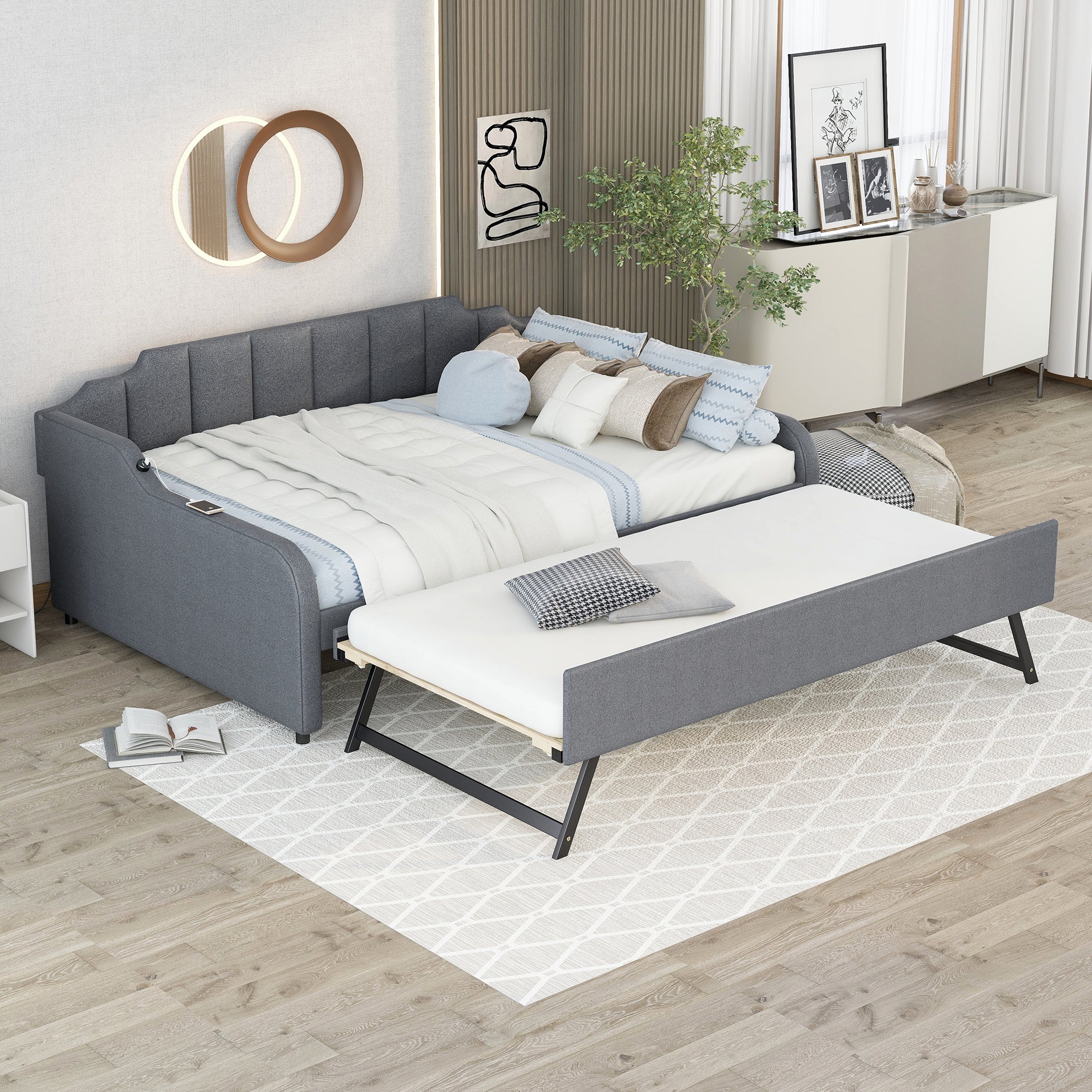 Full Size Upholstery Daybed with Trundle and USB Charging Design