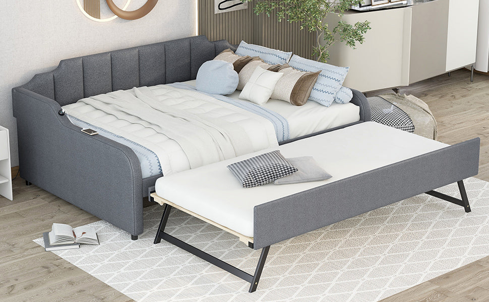 Full Size Upholstery Daybed with Trundle and USB Charging Design