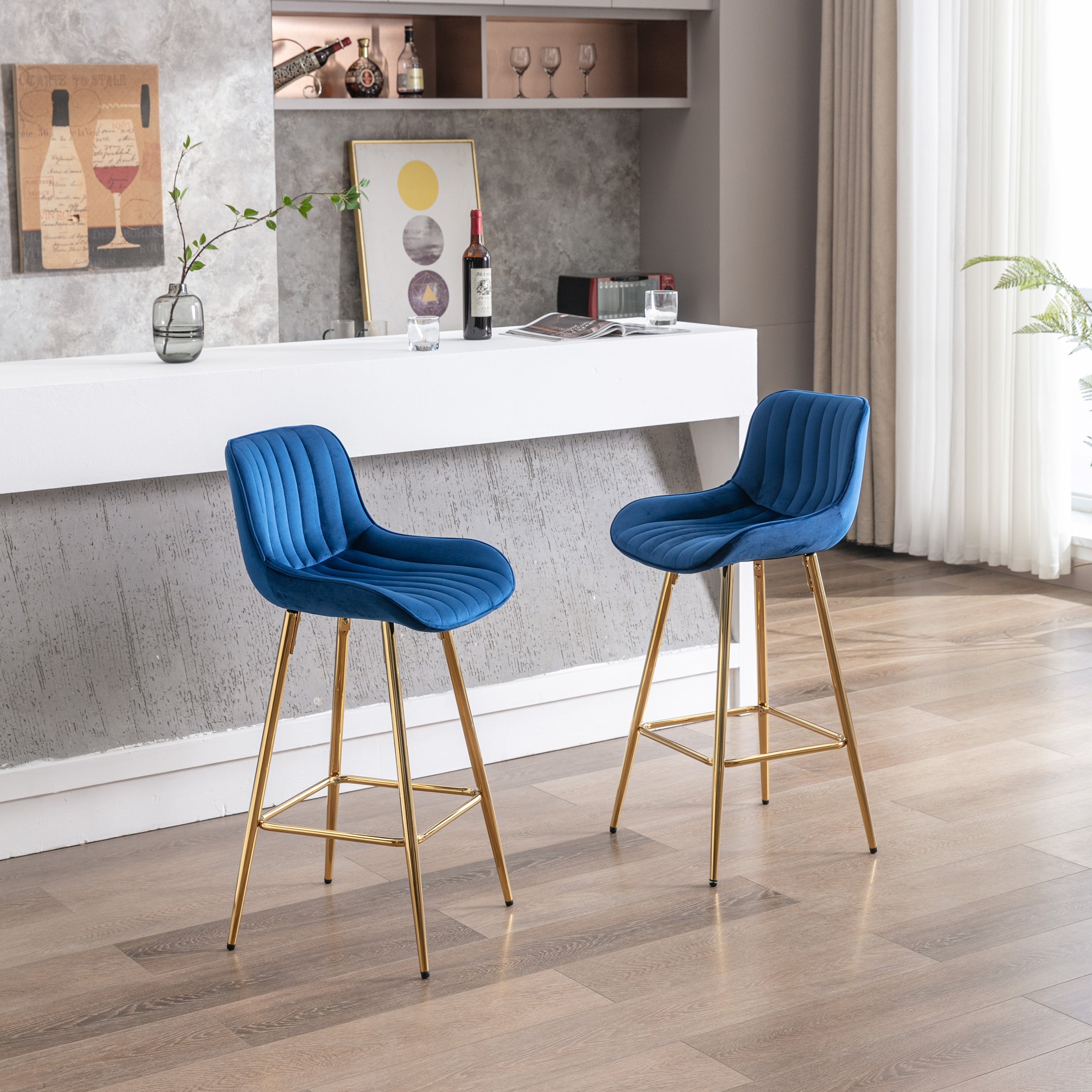 26 Inch Set of 2 Velvet Bar Stools with Steel Frame