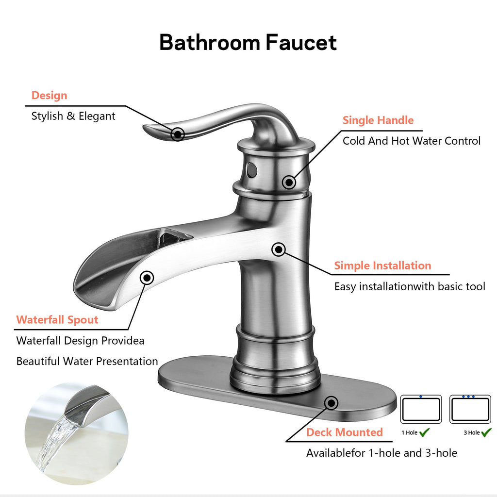 Waterfall Spout Bathroom Faucet - Brushed Nickel