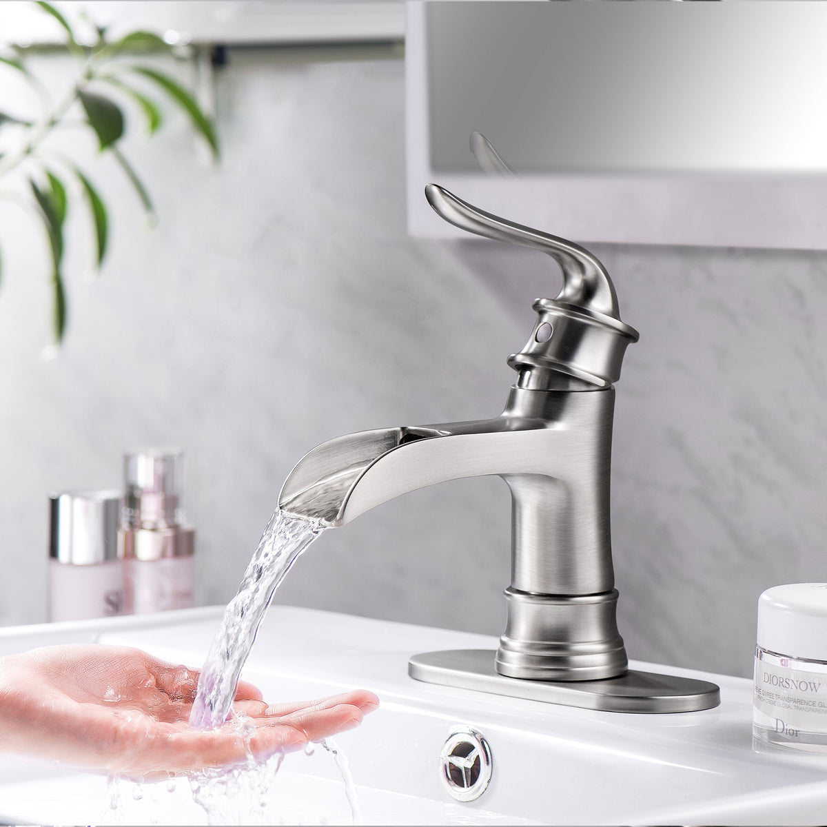 Waterfall Spout Bathroom Faucet - Brushed Nickel