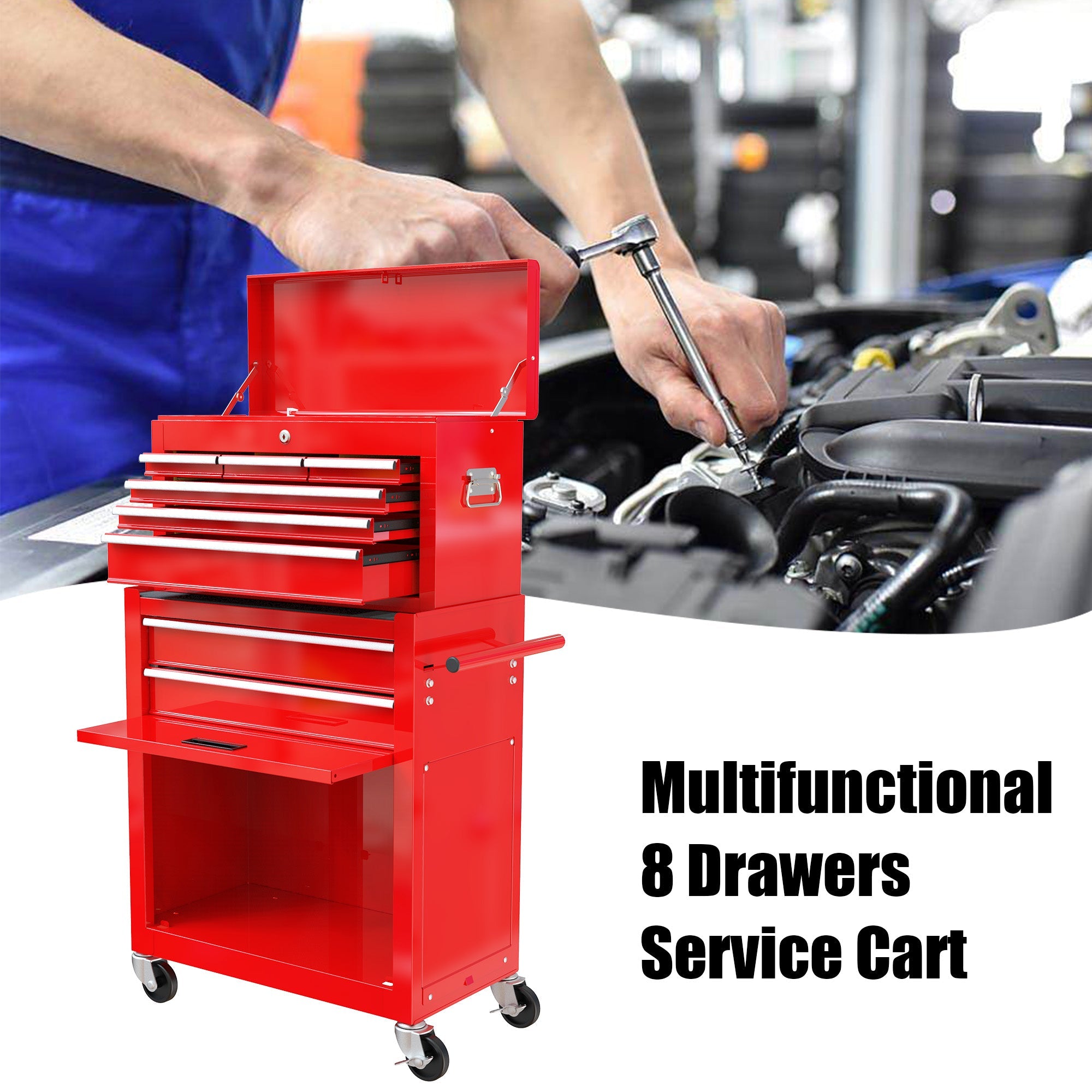 High Capacity Rolling Tool Chest with Wheels and Drawers, 8-Drawer Tool Storage Cabinet - Red