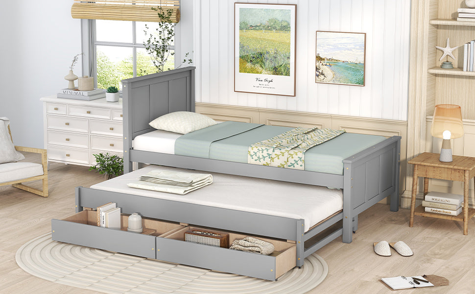 Twin Size Platform Bed with Trundle and Drawers