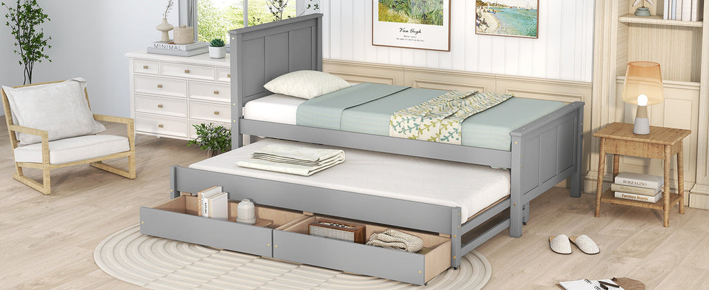 Twin Size Platform Bed with Trundle and Drawers