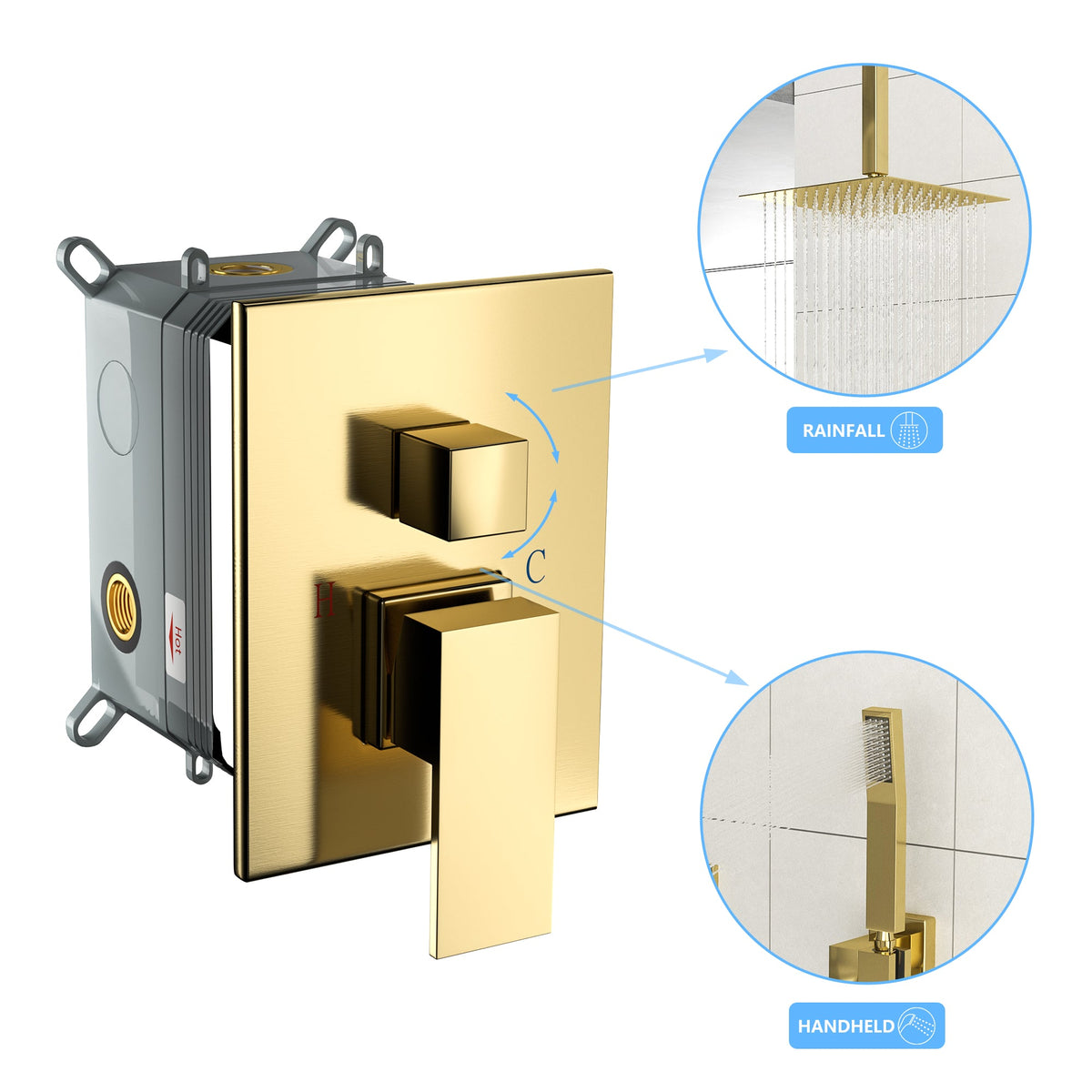 Dual Shower Head - 16 Inch Ceiling Mount Square Shower System with Rough-in Valve