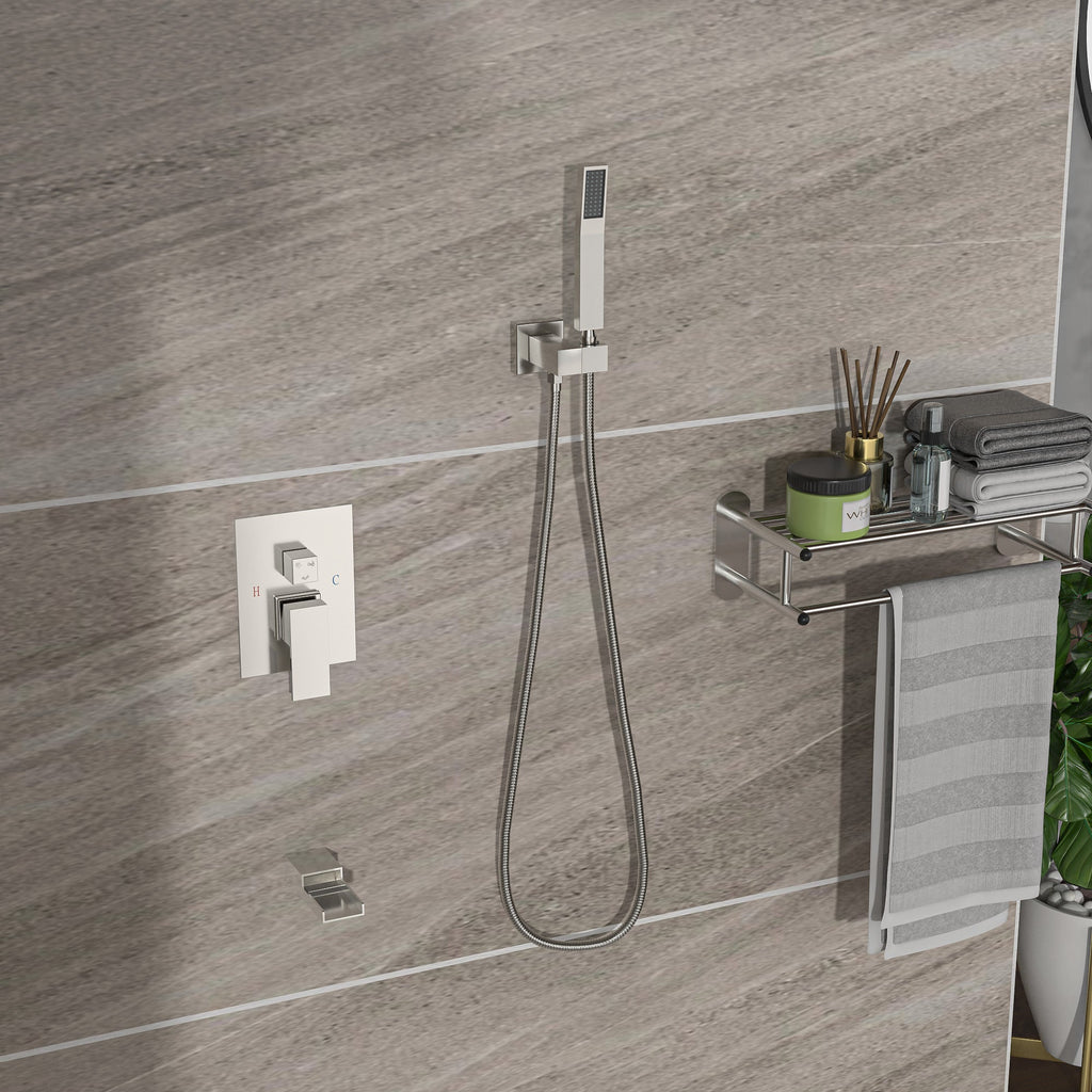 Brushed Nickel Shower System with Waterfall Tub Spout