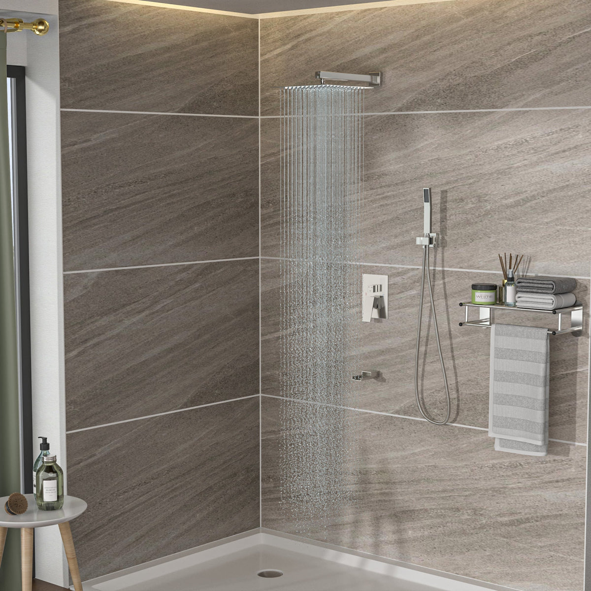 Brushed Nickel Shower System with Waterfall Tub Spout