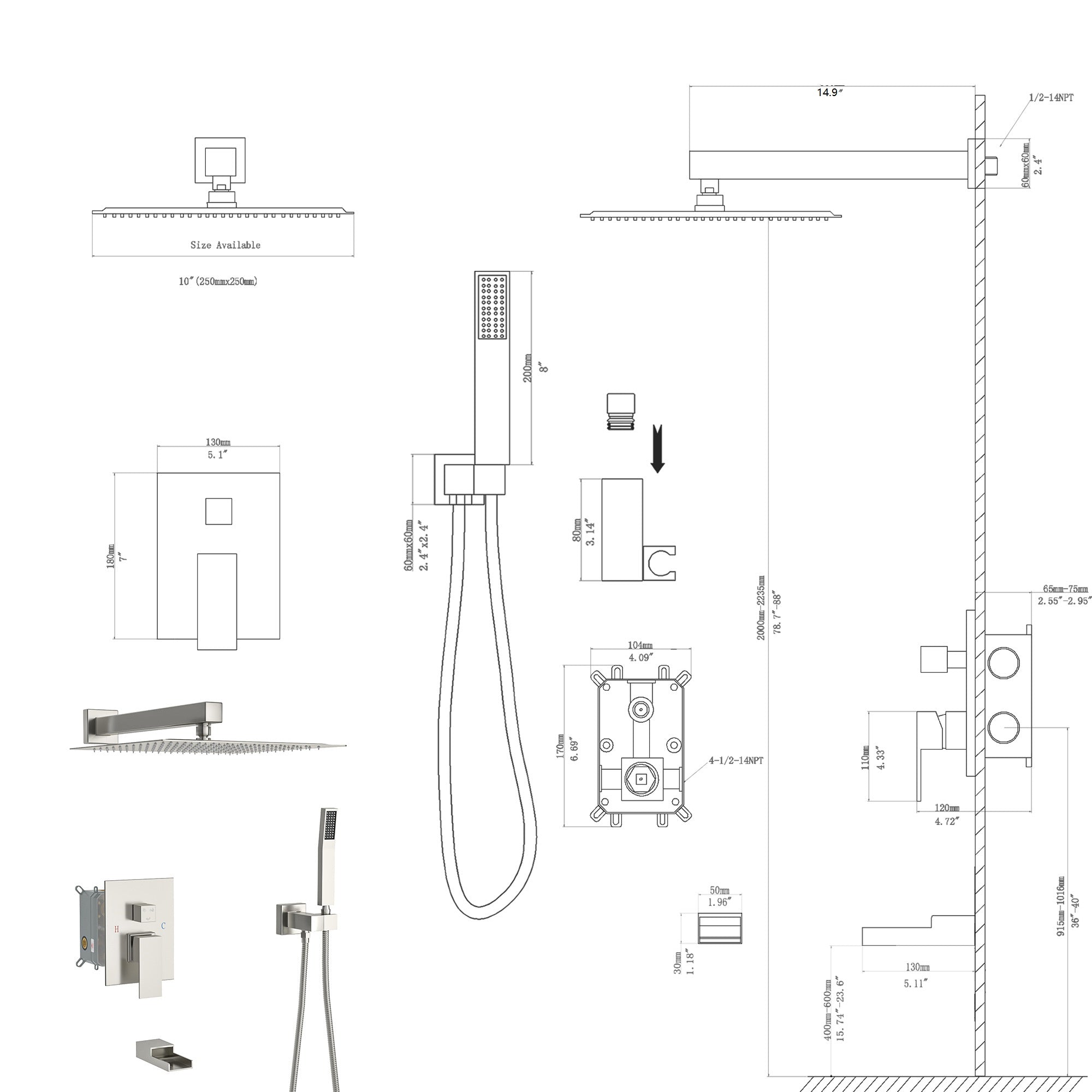 Brushed Nickel Shower System with Waterfall Tub Spout