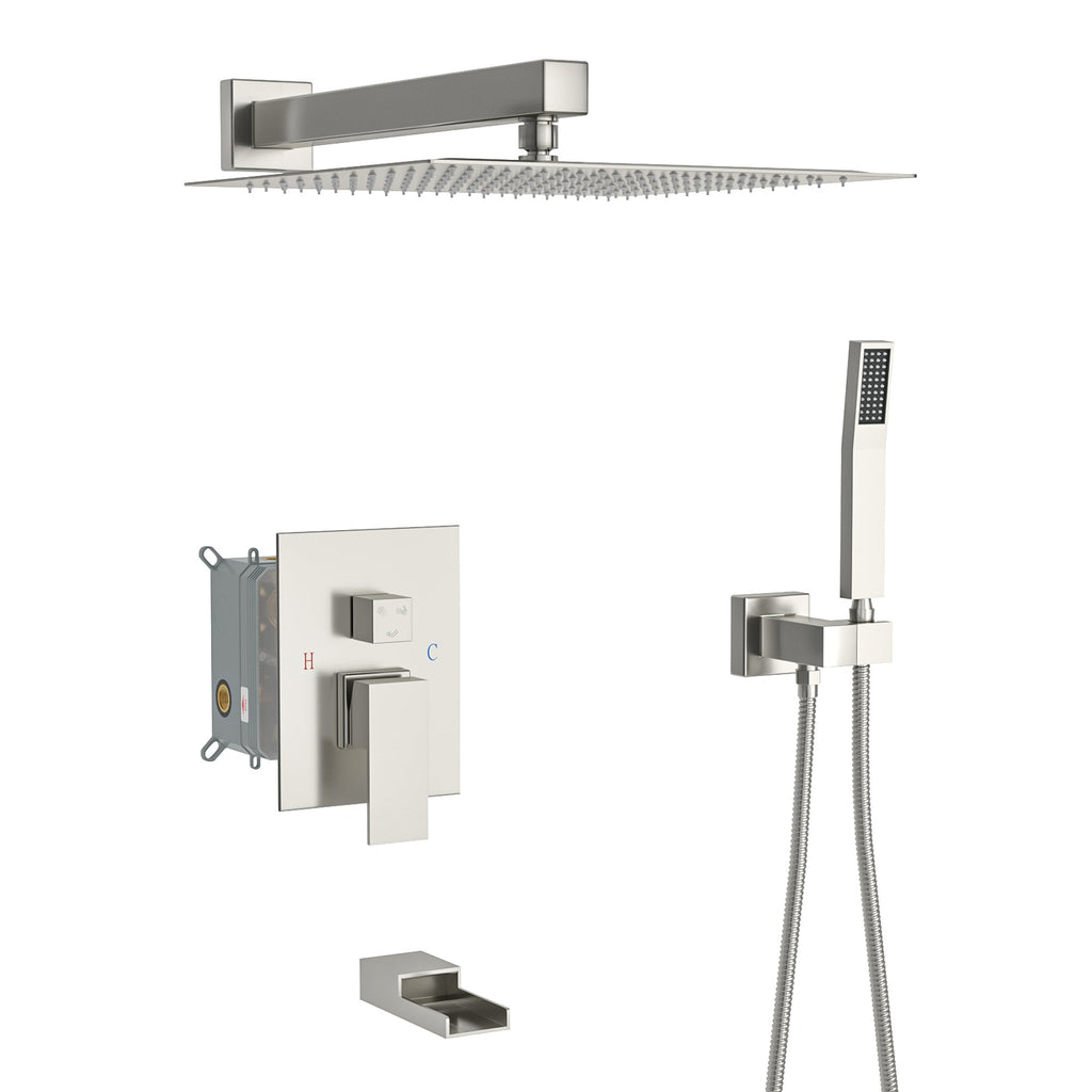 Brushed Nickel Shower System with Waterfall Tub Spout