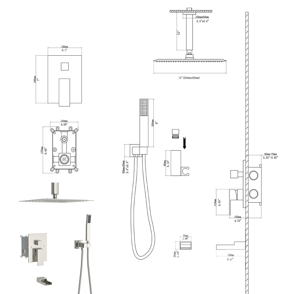 Brushed Nickel Shower System with Waterfall Tub Spout