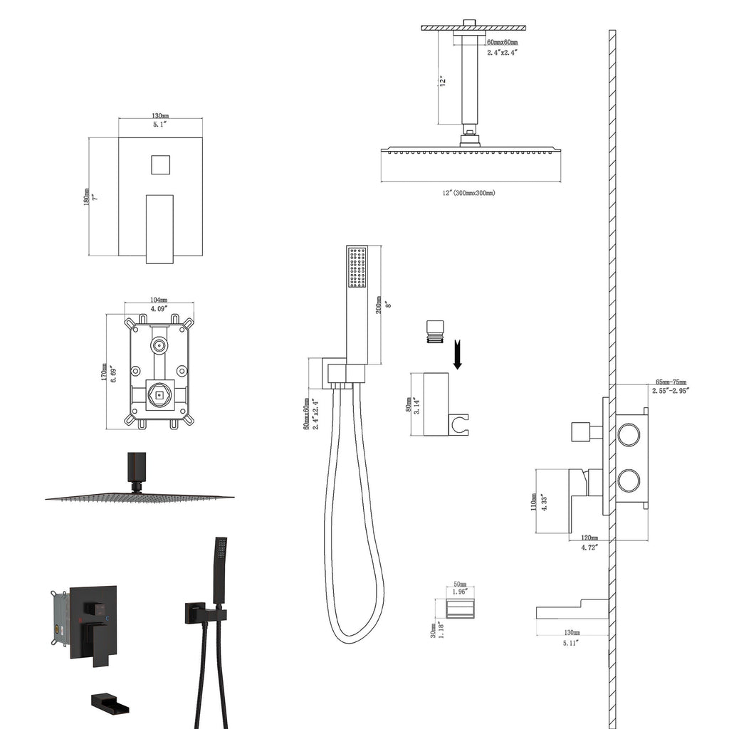 Shower System with Waterfall Tub Spout