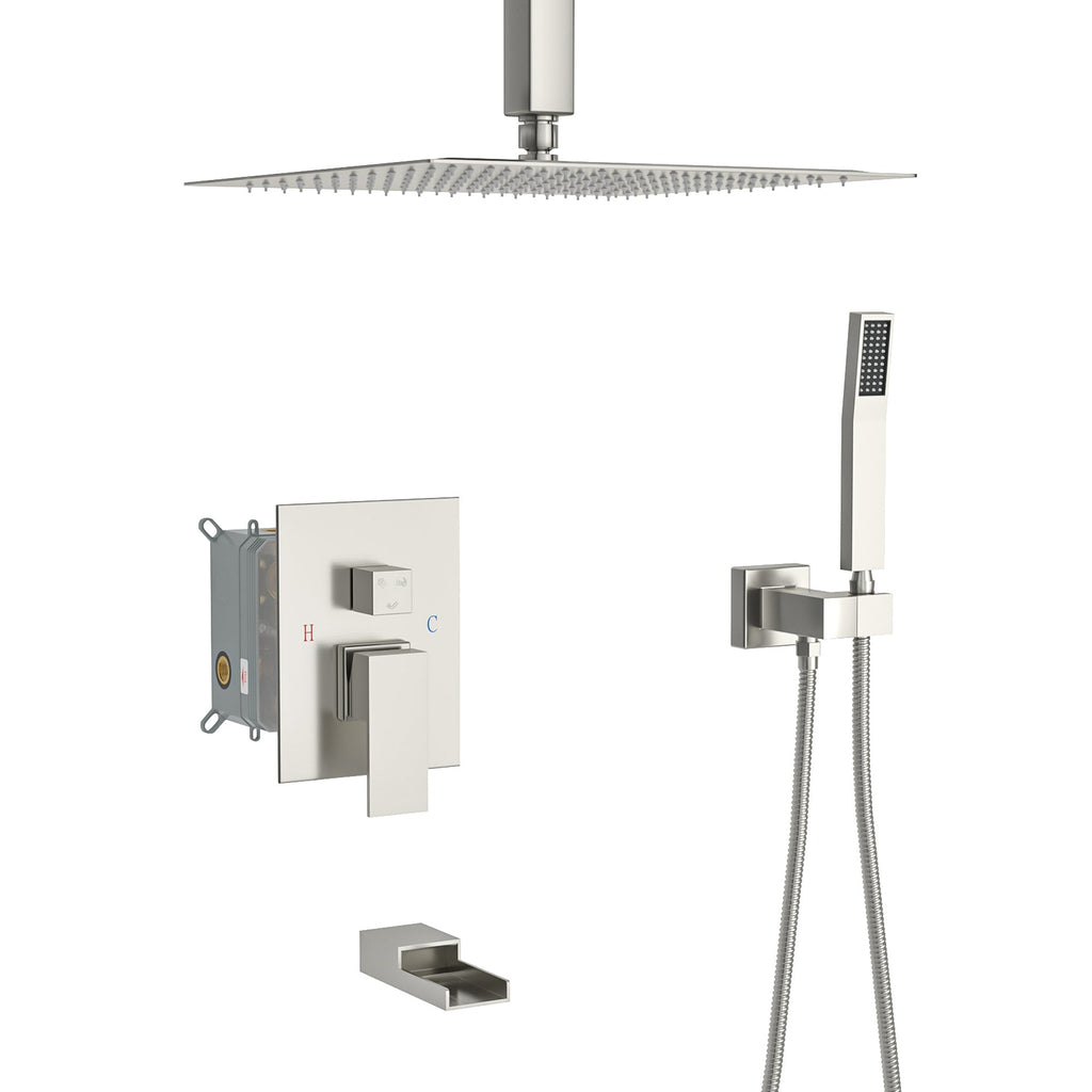 Brushed Nickel Shower System with Waterfall Tub Spout