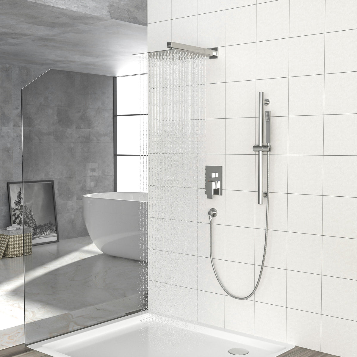 Brushed Nickel Shower System with Adjustable Slide Bar