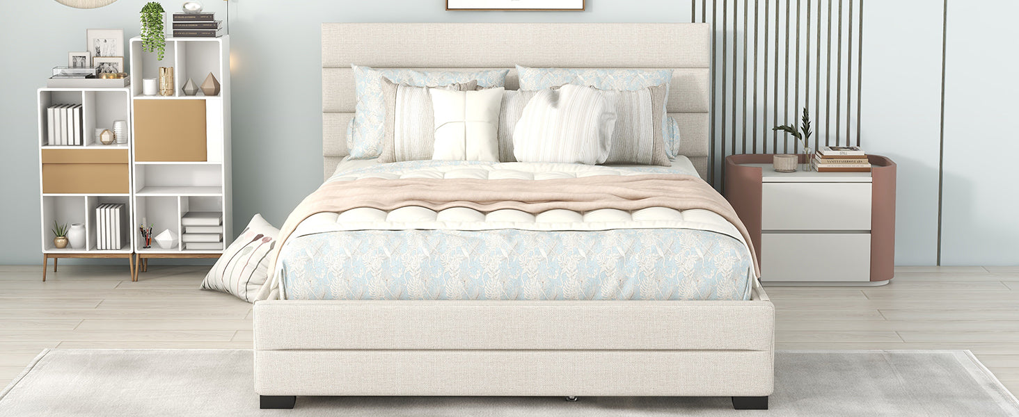 Queen Upholstered Platform Bed with Twin Size Trundle and Two Drawers
